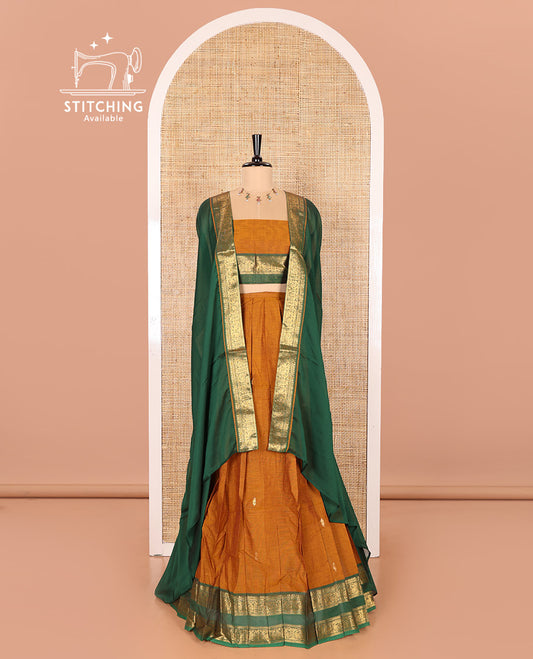 Mustard and Green Chettinad Cotton Half-Saree Featuring Buttas Woven Skirt, Highlighted with a Contrast Rettai Pettu Peacock Motifs Woven Zari Border, a Subtly Woven Matching Blouse, and a Vichitra Silk Contrast Traditional Zari-Bordered Dhavani