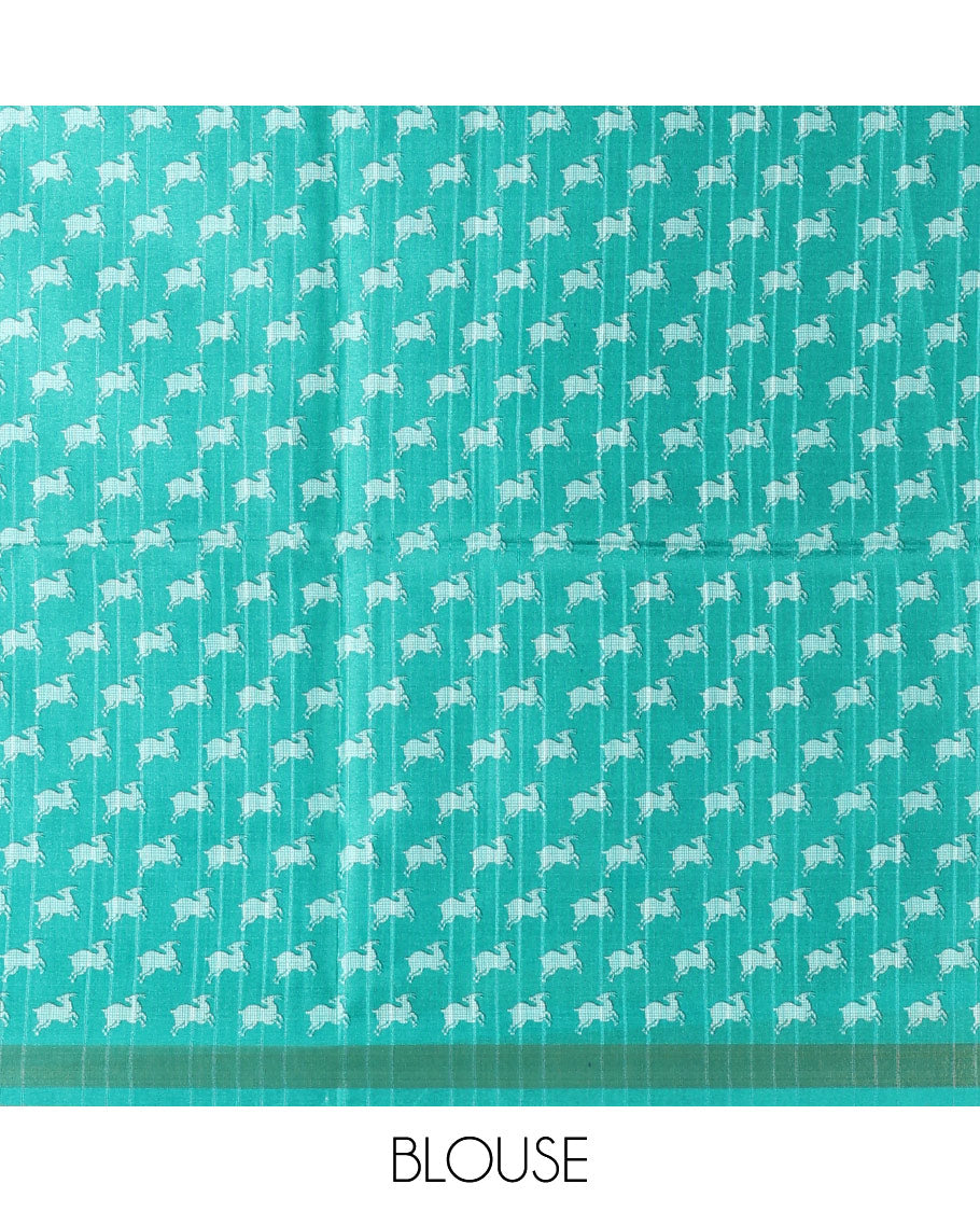 Grey and blue Pochampally ikkat printed katan silk saree, contrast deer motifs printed zari border, jaal printed pallu, and contrast deer motifs printed blouse