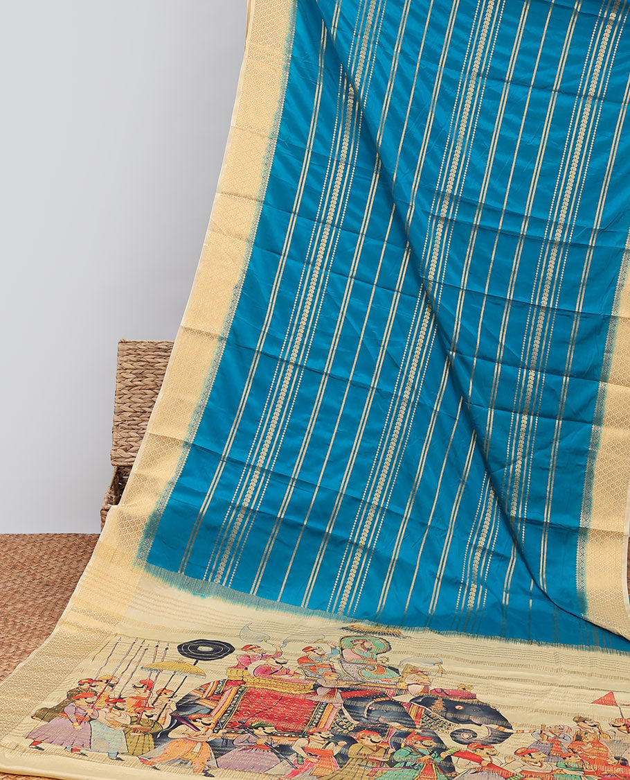Blue striped design mysore silk saree with contrast argyle border & wedding printed pallu