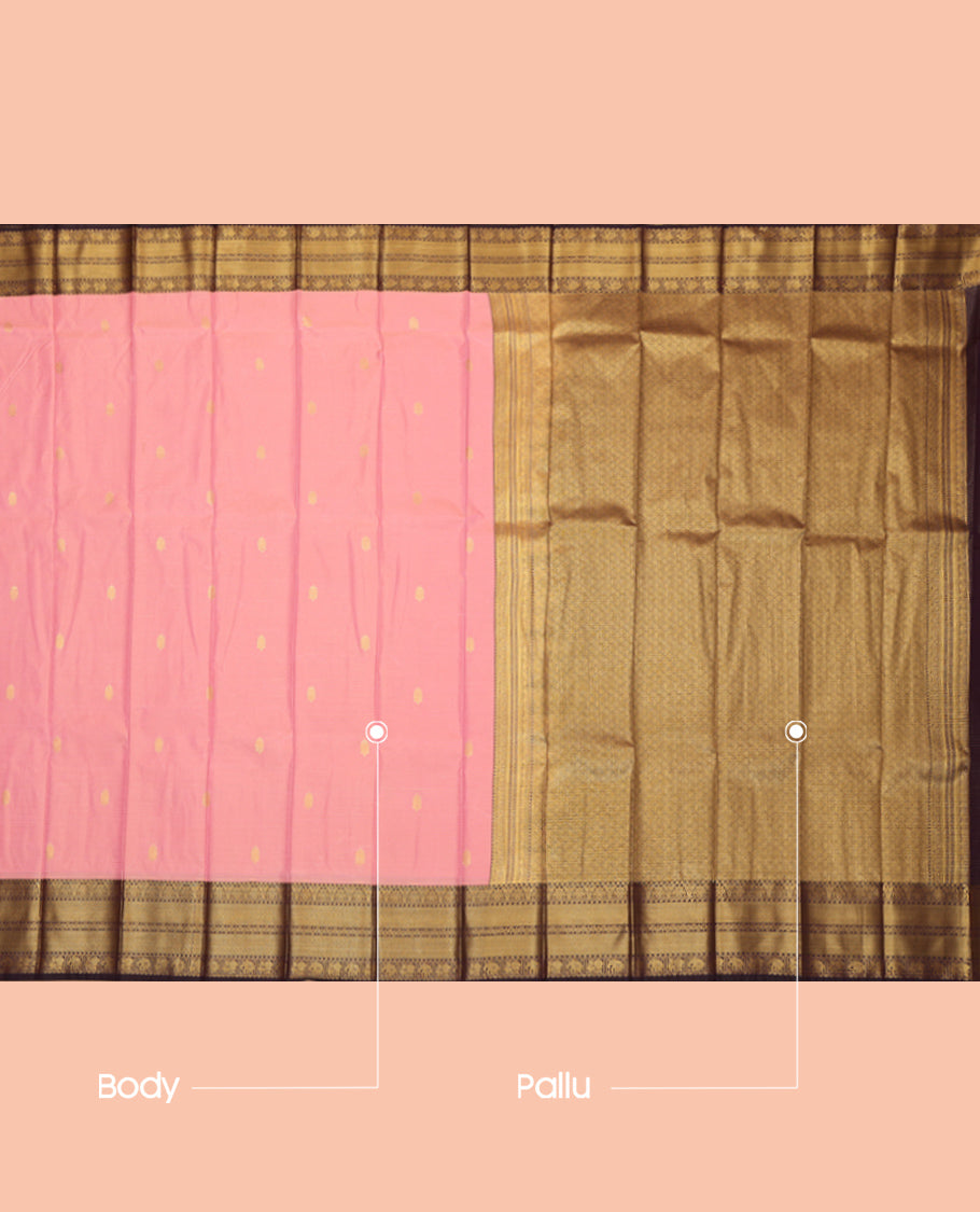 Pink Budget Silk Saree, Embellished with Zari Buttas and Stripes, Complemented by Contrast Traditional Zari Border, a Grand Pallu and a Contrast Blouse