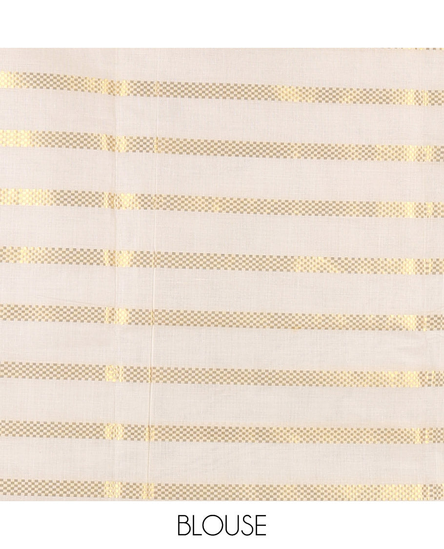 Borderless cream and green horizontal muthu zari striped Kerala cotton saree, self-pallu with tassels, and a matching blouse