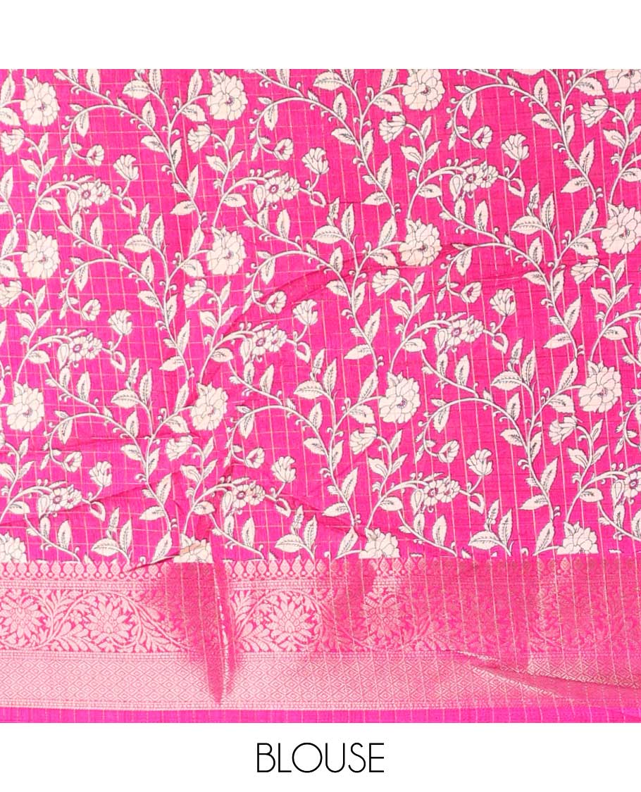 Multi color zari checks , kalamkari printed dola silk saree with jacquard zari border & kalamkari design pallu along with kalamkari blouse