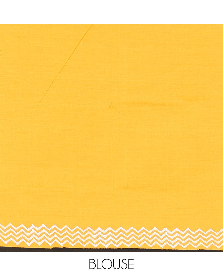 Yellow elephant motifs block printed South cotton saree, chevron stripes block printed border, a matching blouse, and a contrast floral vine printed blouse