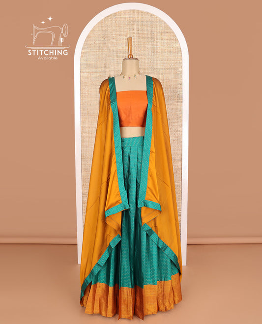 Green geometric design poly-cotton half saree with contrast border, plain blouse & plain, geometric design border dhavani