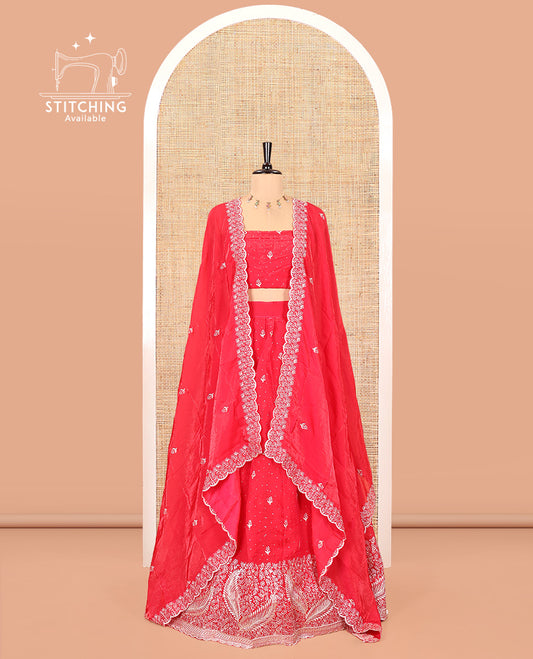 Red Fendi Organza Half-Saree, with Embroidered Buttas on Its Skirt, Embroidered Border with a Matching Blouse, and an Embroidered Organza Scallop Dhavani
