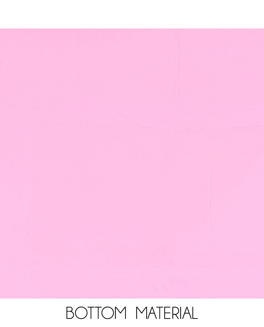 Light Pink material churidar set, stone work with Schiffli style embroidered georgette top, American Crape bottom, and polka dotted printed mirror work dupatta