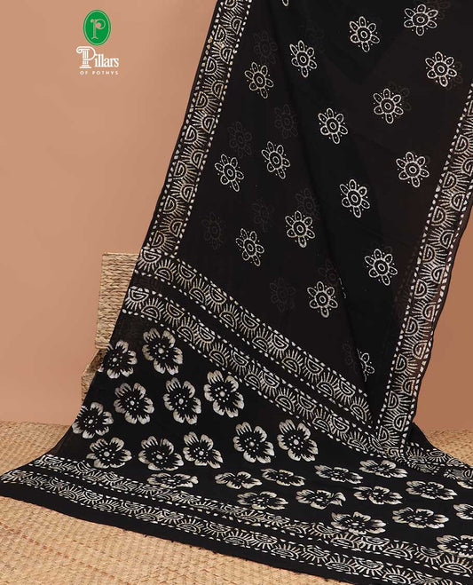 Black pathink print georgette saree with pathink print pallu & running blouse