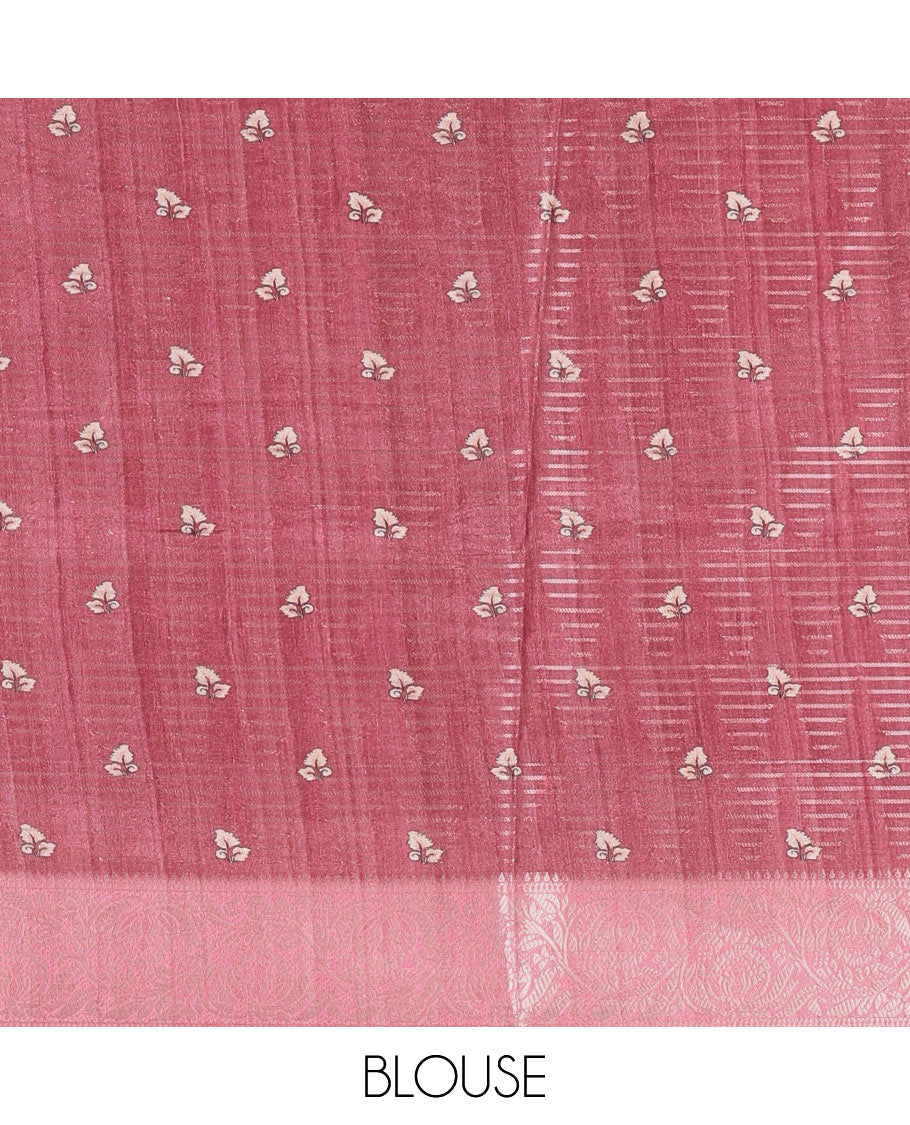 Onion pink tri-ombre colored zari stripes, and kalamkari peacock printed semi-tussar saree, contrast floral creeper zari border, peacock printed pallu, and a contrast blouse of zari and print work