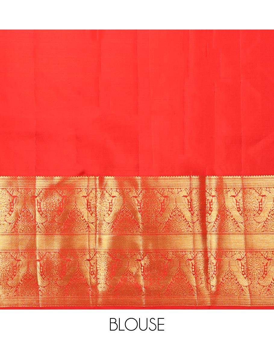 Yellow flower enclosed in hexegon design silk saree with contrast border of rekku,mayil,muthu, banaras design & intricate zari pallu