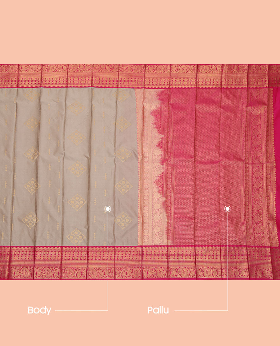 Grey Budget Silk Saree, Graced with Zari Buttas, a Contrast Traditional Zari Border, Jaal Pallu, and a Contrast Blouse