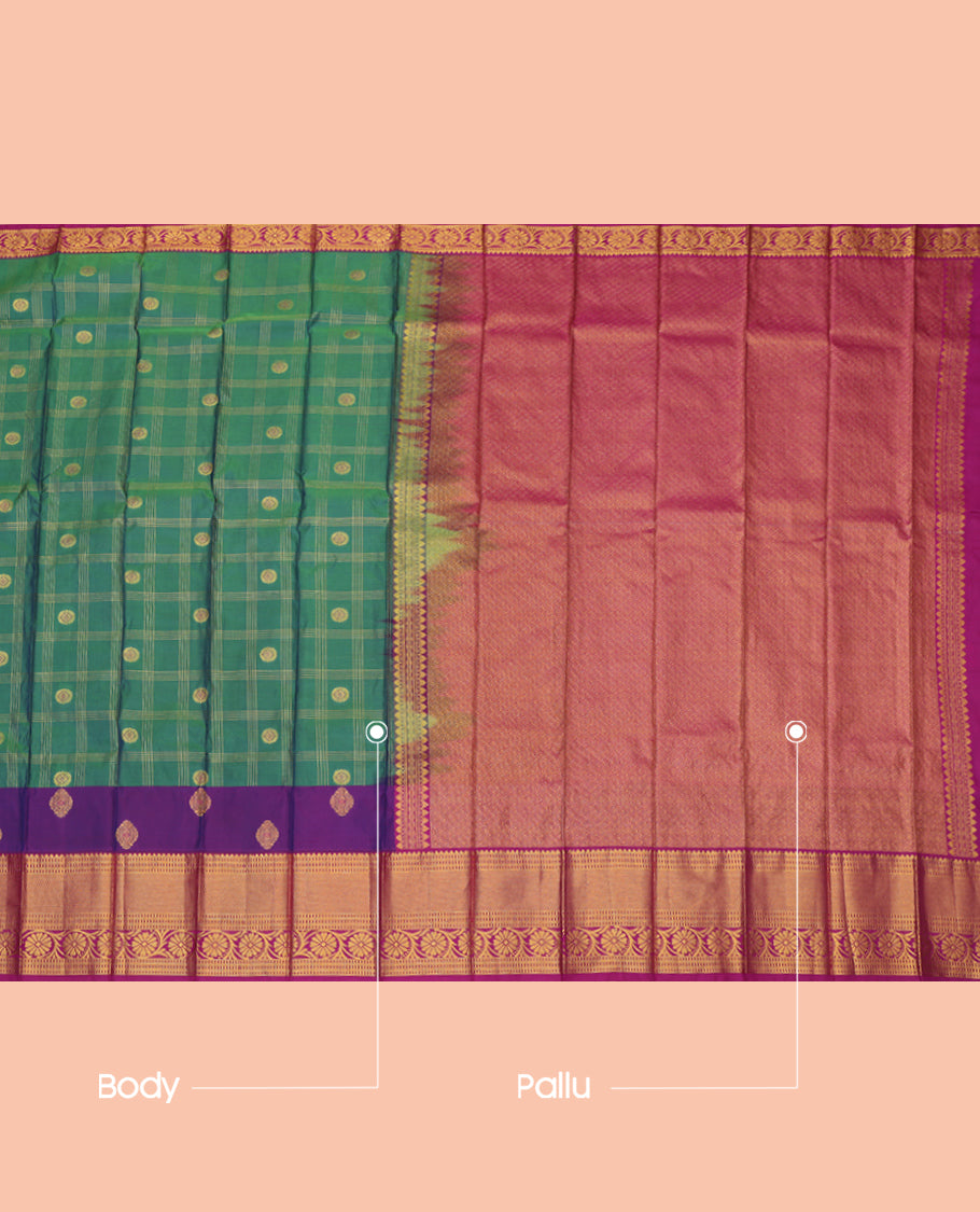 Green Budget Silk Saree, Ornamented with Zari Buttas and Checks, a Contrast Floral Creeper Zari Border, Jaal Pallu, and a Contrast Blouse