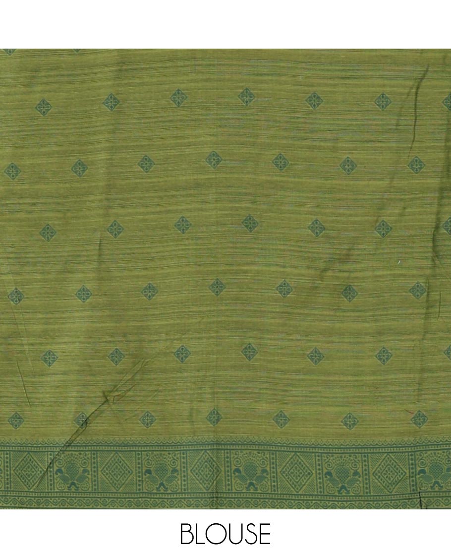 Borderless olive green banaras jute silk saree with floral thread buttas woven all over it's body, intricate pallu & butta design blouse
