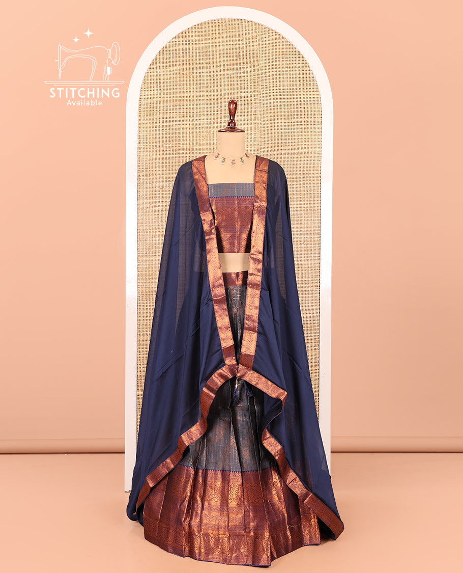 Grey-Blue Semi-Banarasi Half-Saree Features Jacquard Skirt, Contrast Traditional Border, Matching Blouse, and Syska Georgette Dhavani