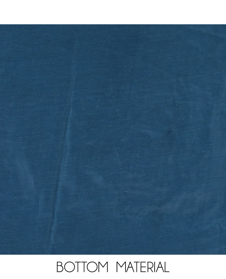 Blue material chudidar set, black beads & mirror neck embroidered with buttas woven vichitra silk top, santoon bottom & contrast mirror work chiffon dupatta