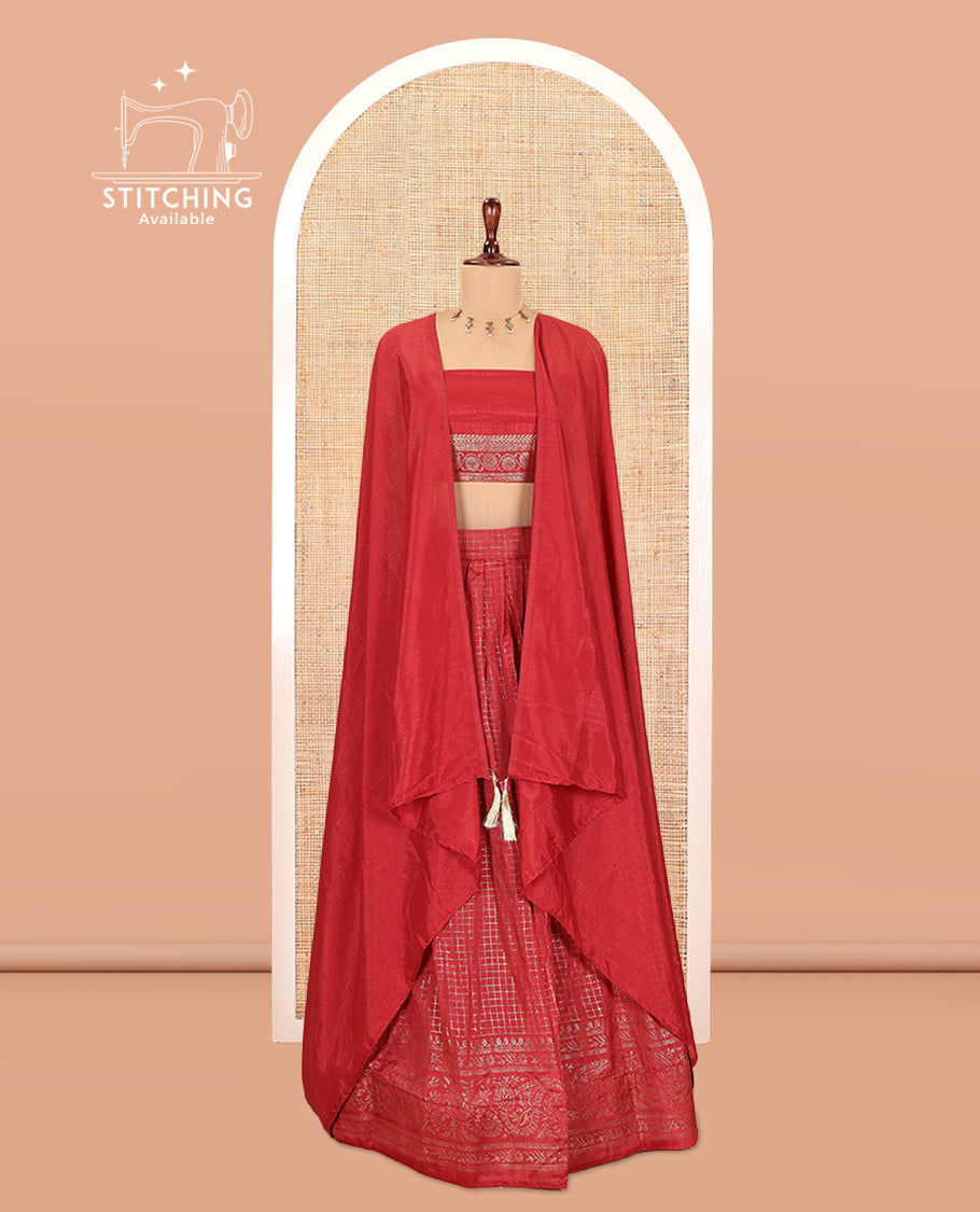Red Vichitra Silk Half Saree with Zari Checks, a Traditional Zari Border, Matching Blouse and a Dhavani