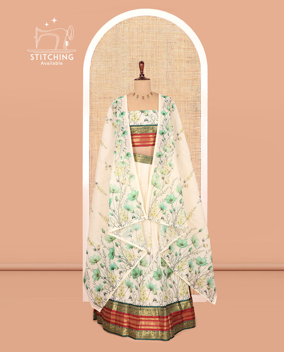 Cream-Green Semi-Silk Half-Saree Features Floral-Printed Skirt, a Contrast Traditional Border, a Matching Blouse, a Floral Dhavani