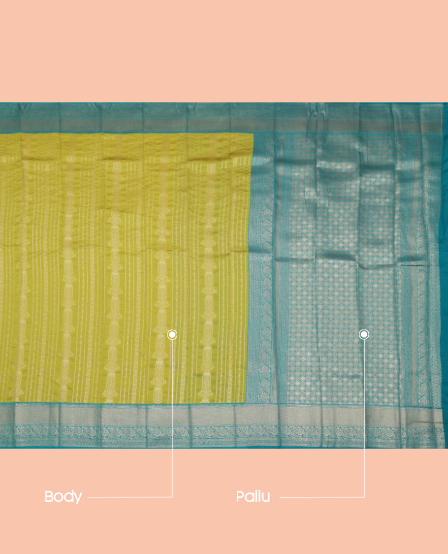 Green Litchi Saree, Sparsely Woven with Zari Designs, a Contrast Traditional Zari Border, Grand Jaal Pallu, and a Contrast Blouse