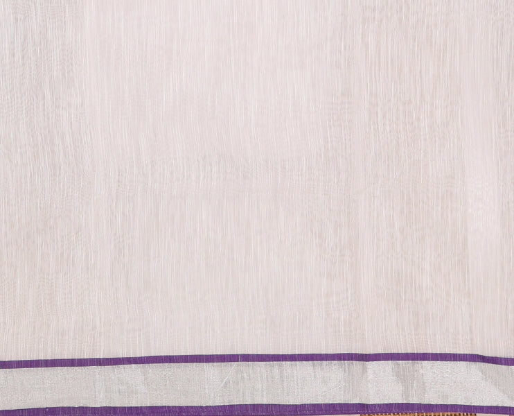White with violet vareli pattern printed design linen with silver zari bawanchi border  & printed pallu with tussels