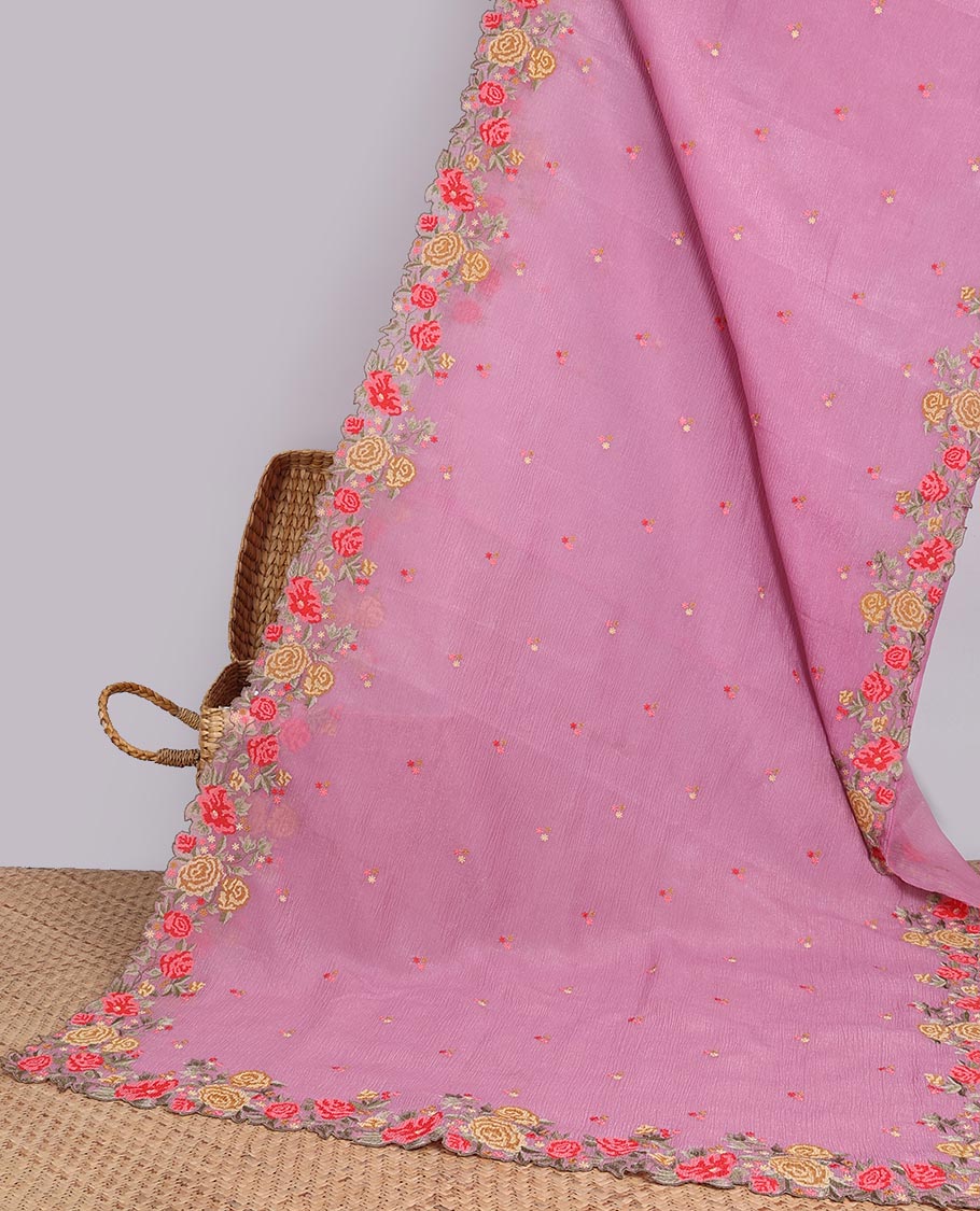 Yellow crushed tissue saree with scallop floral border & motif embroidery pallu