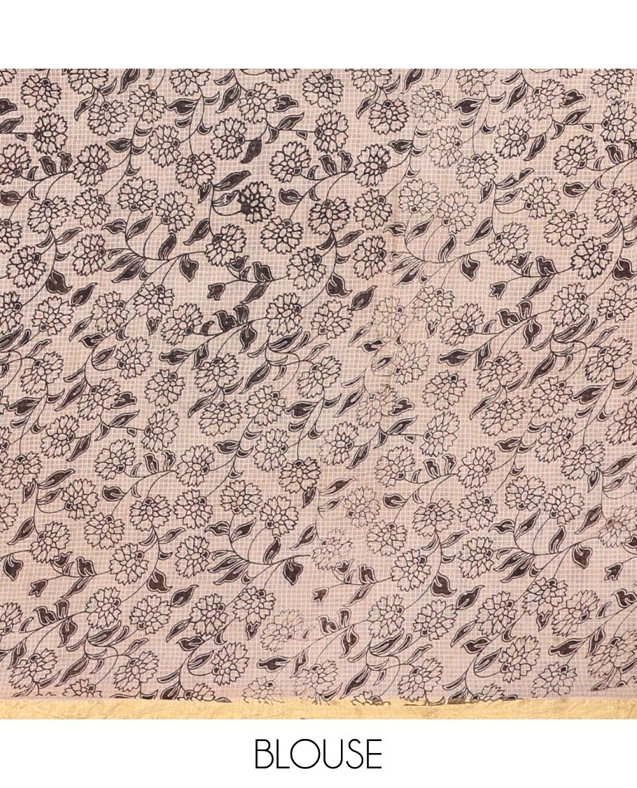 Green kalamkari floral, peacock, and human figurines printed Kota cotton saree, contrast printed border, peacock printed pallu, and a contrast floral printed blouse