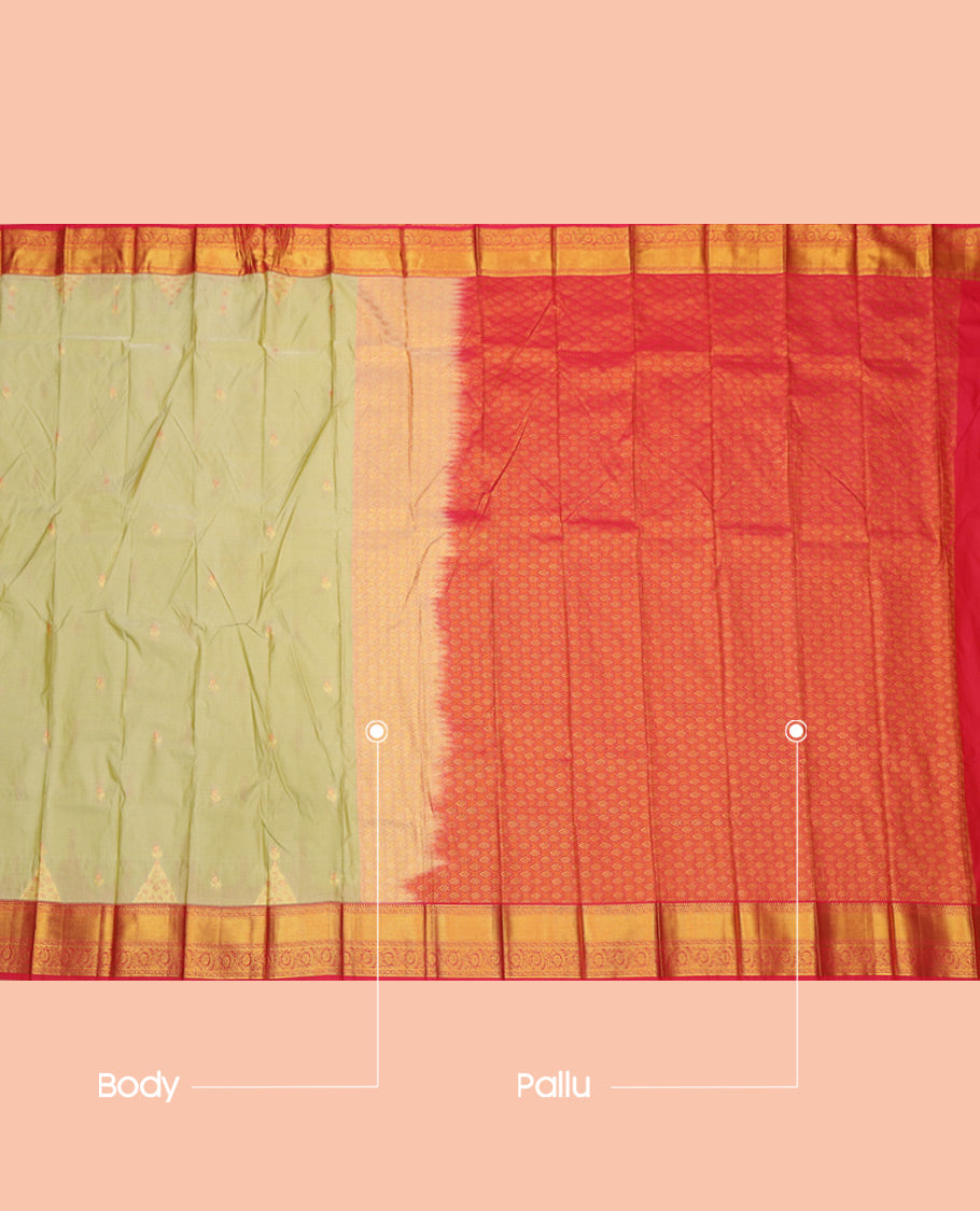 Green Budget Silk Saree, Graced with Zari Buttas, a Contrast Traditional Zari Border, Grand Pallu, and a Contrast Blouse
