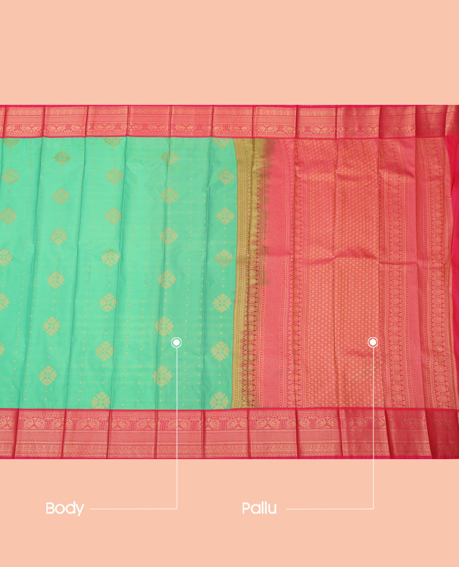 Green Budget Silk Saree, Embellished with Zari Buttas, a Contrast Traditional Zari Border, Grand Pallu, and a Contrast Blouse