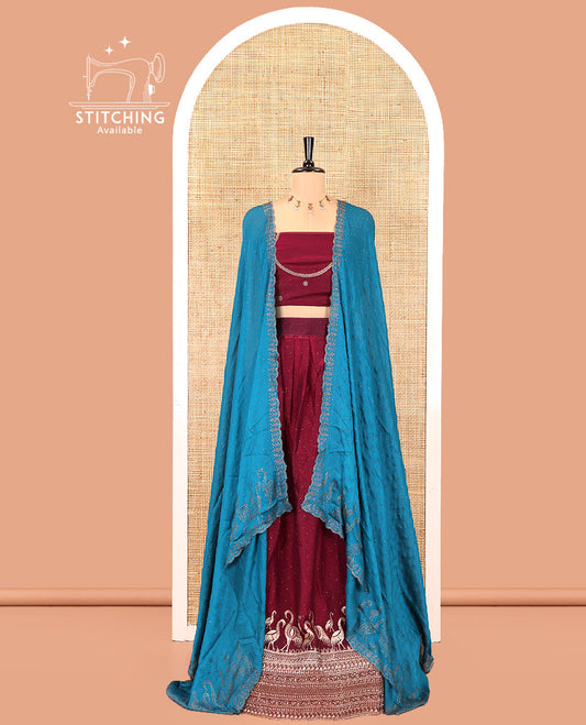 Wine Half-Saree Set, Majestically Detailed with Stone Work and Bird Motifs Embroidery on Its Satin Georgette Skirt, Highlighted by Embroidered Border, Paired with a Matching Blouse, and Comes with a Contrast Scallop Stone Work Dupatta