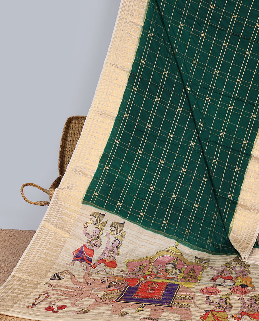 Green checked art mysore silk saree  with contrast zari border & elephant,human motifs pallu