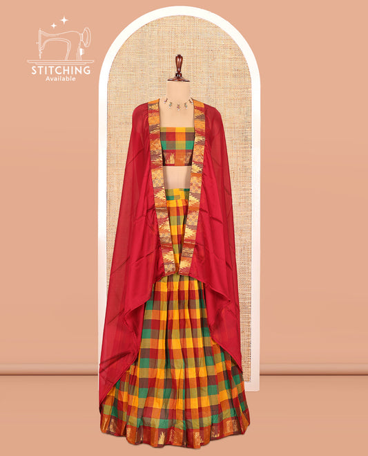 Multi-Color Checked Chettinad Cotton Half-Saree Features a Temple Zari Border, Matching Blouse, Contrast Dhavani
