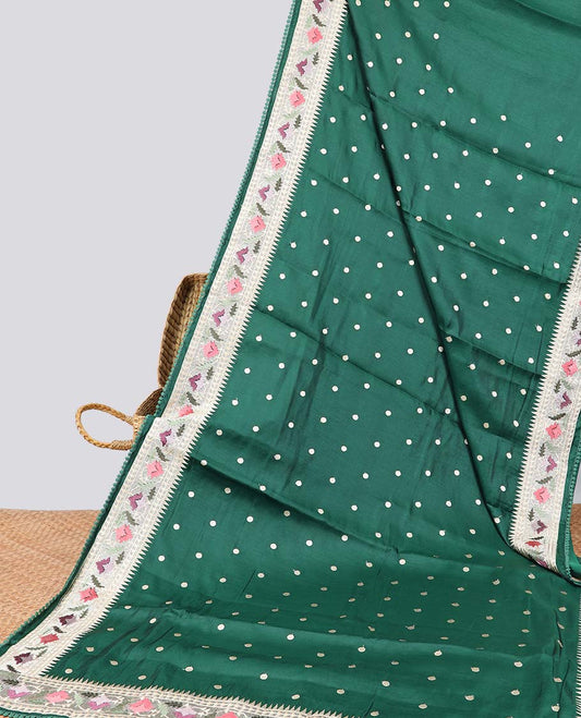 Green polka dot semi-banaras tussar saree & contrast floral thread embroidered border