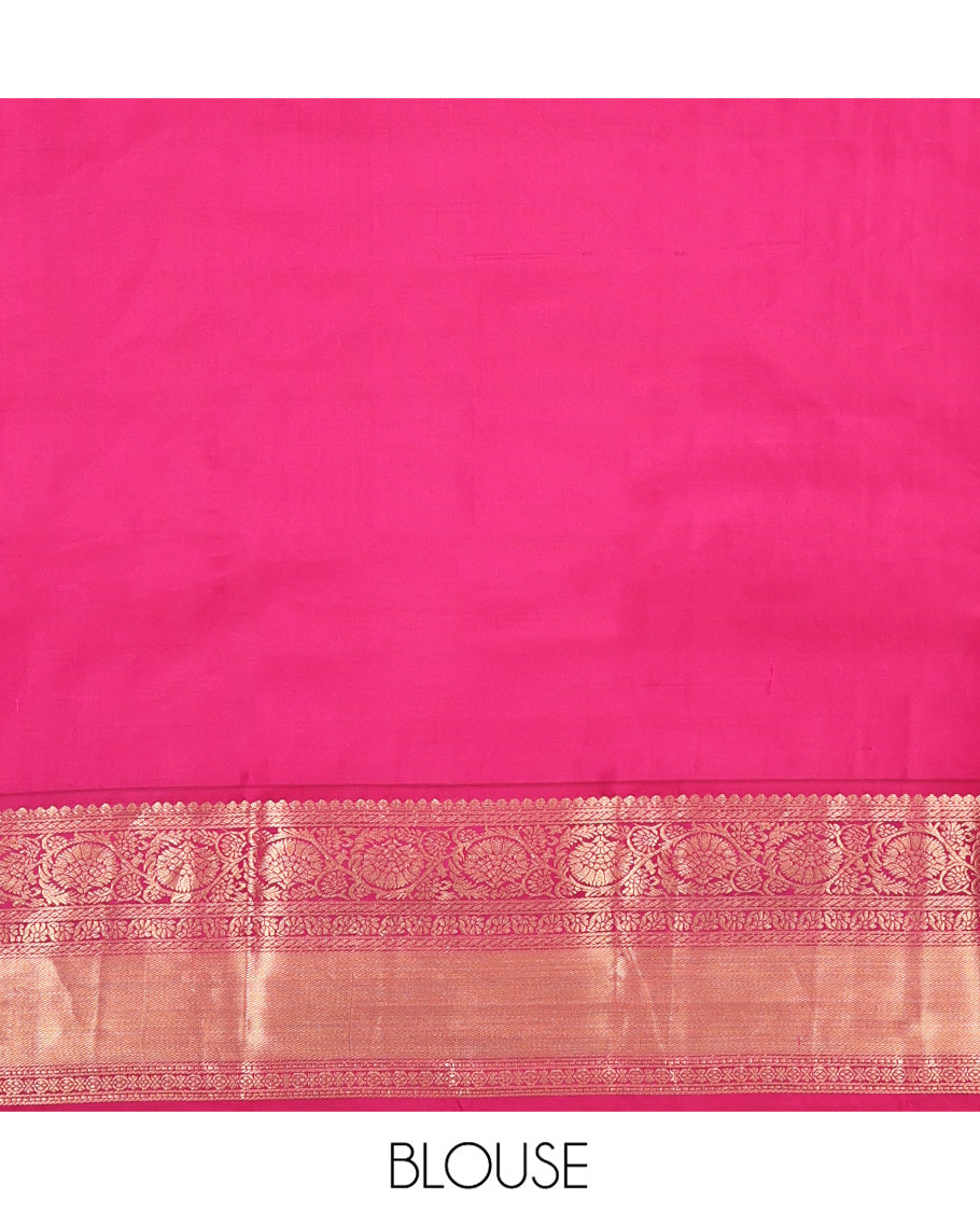 Green-Yellow Vasundhara Silk Saree, Embellished with Zari Buttas and Zari Stripes All Over Its Body, Complemented by a Contrast Border of Thilakam Mokku, Banaras, Muthu, and Kodi Visiry Designs, Pallu of Vanki Designs, and Paired with a Contrast Blouse