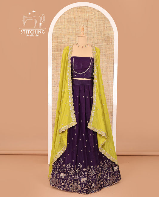 Violet half-saree, buttas and flora-fauna embroidered bordered velvet organza skirt, a matching velvet organza blouse, and a contrast embroidered scallop syska georgette dhavanif