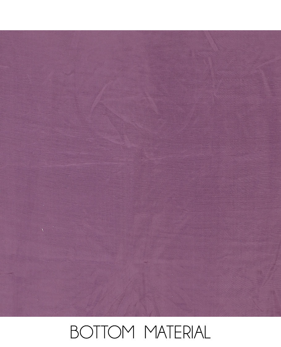 Lavender Vichitra silk material chudidar set, brasso print & mirror embroidered neck work top, santoon bottom & four-petal floral motifs printed dupatta