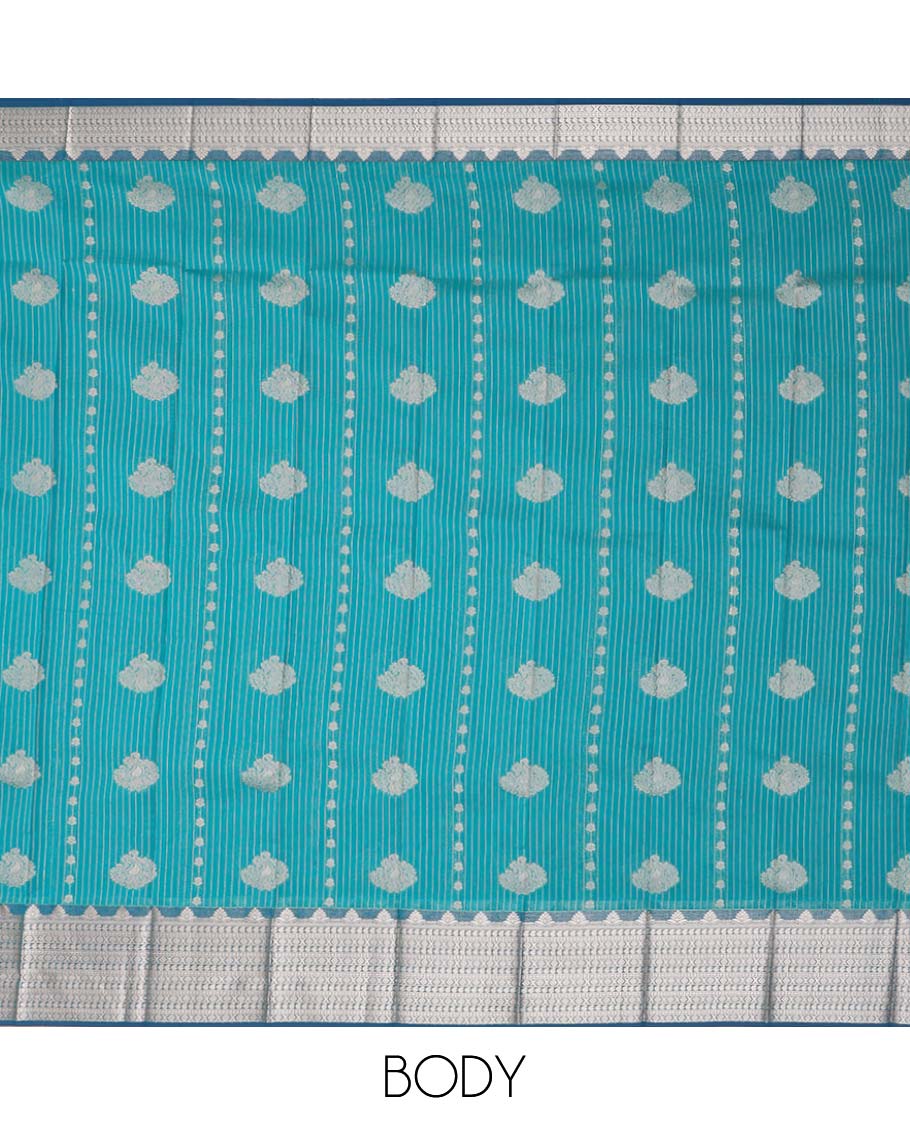 Blue checked, leaf design kora cotton saree with contrast zari design border & argyle design pallu