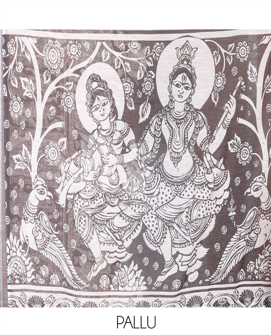 Black Linen Cotton Saree, Artfully Detailed with Kalamkari Human Figurines Printed On Its Body, Highlighted by Self-Pallu Pictures Human Figurines, and Paired with a Printed Blouse