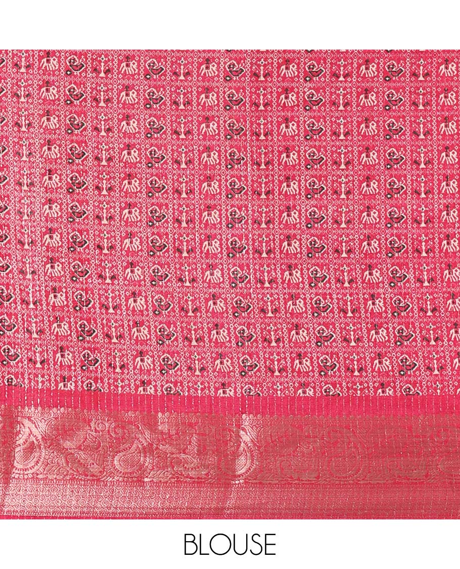 Chikku-pink vertical striped, and animal motifs printed dola silk saree, contrast manga motifs zari border, animal motifs printed pallu, and a contrast printed blouse