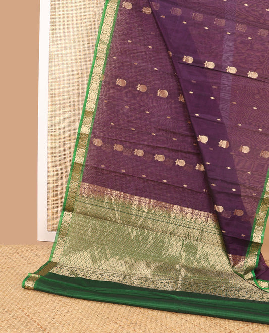 Violet floral design silk cotton saree with contrast zari design border & floral design pallu