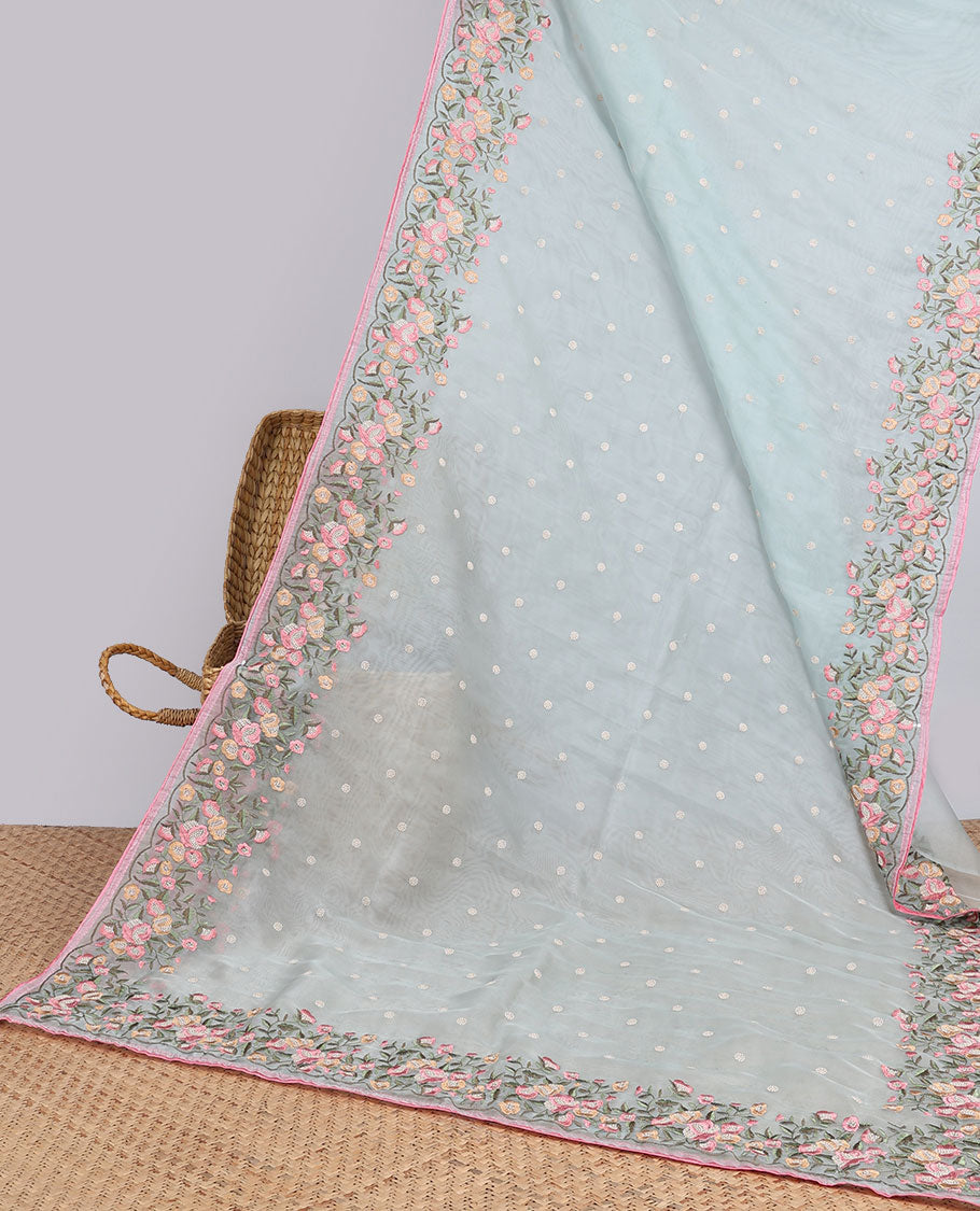 Light Blue motifs embroidery net designer saree with self floral border & floral embroidery pallu 