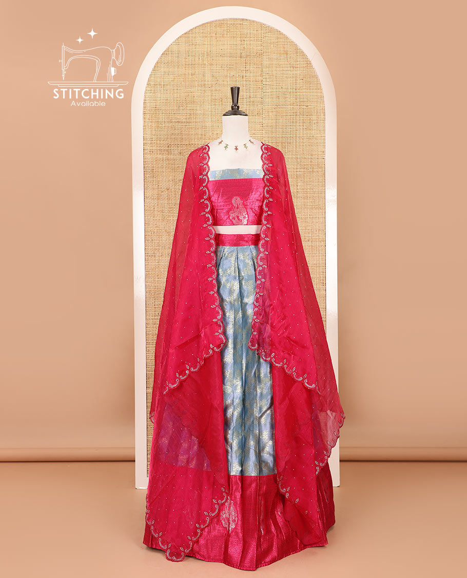 Grey-rani pink half-saree, floral jaal jacquard banarasi skirt, contrast traditional zari stone work border,  matching blouse, and contrast scallop embroidered velvet organza dhavani