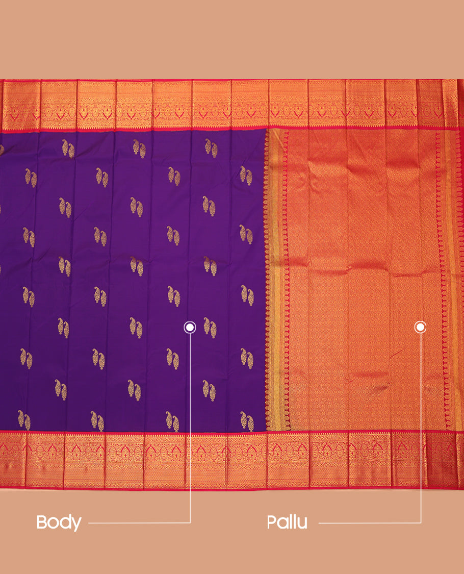 Purple Budget Silk Saree, Embellished with Zari Buttas, Complemented by a Contrast Traditional Zari Border, Grand Pallu, and Contrast Blouse