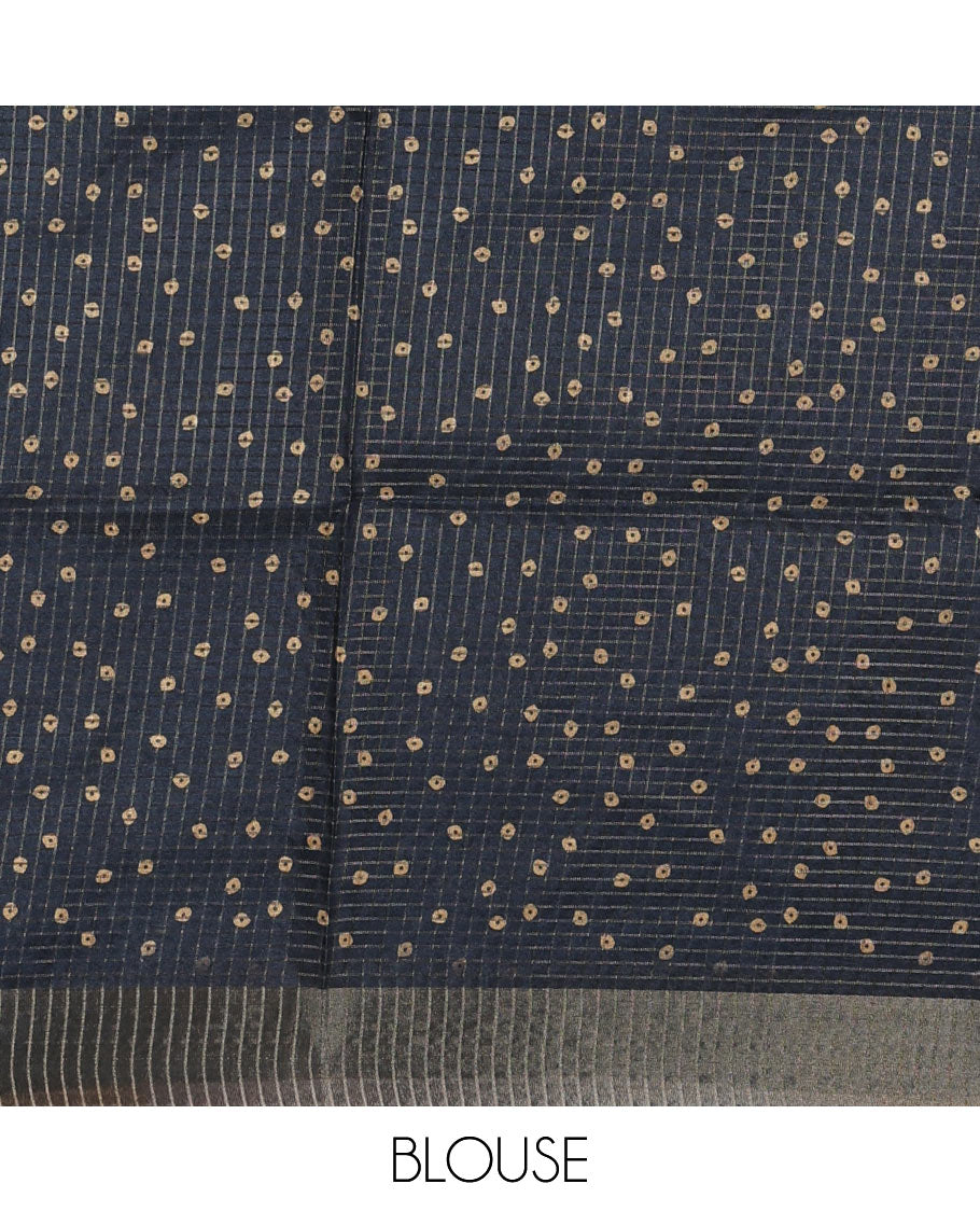 Black zari checked with kalamkari animal-ancient human figurines printed semi-tussar saree, bavanji border, striped pallu, and checked blouse with prints