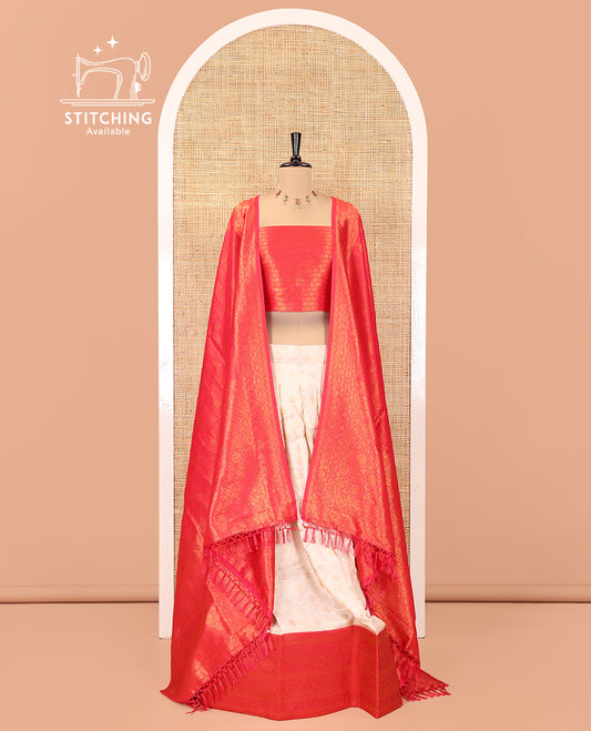 Cream-Red Banarasi Softy Half-Saree, Adorned with Jacquard, Contrast Traditional Border, Jacquard Blouse, Intricate Dhavani