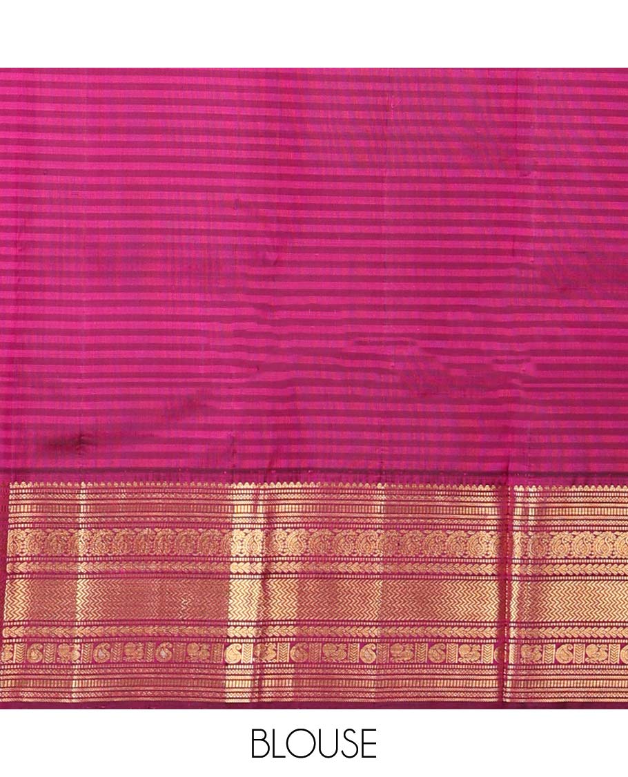 Cream striped kancheepuram silk saree with intricate zari pallu & korvai border of rekku,muthu,manga, vanki designs