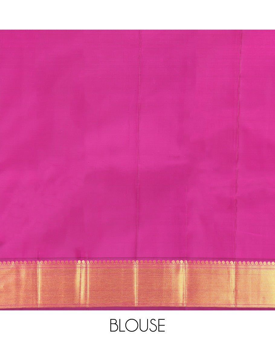 Pale Yellow Kanchipuram Silk Saree, Woven with Zari Buttas, a Contrast Korvai Border of Thilakam Mokku, Kamalam, Greek Key, and Cross Kamalam Designs, Grand Pallu, and a Contrast Blouse