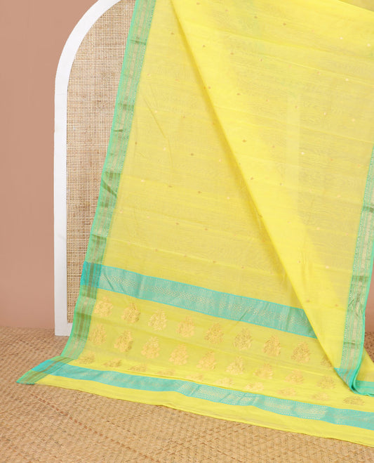 Light green floral motifs chanderi cotton saree with contrast zari design border & floral design pallu