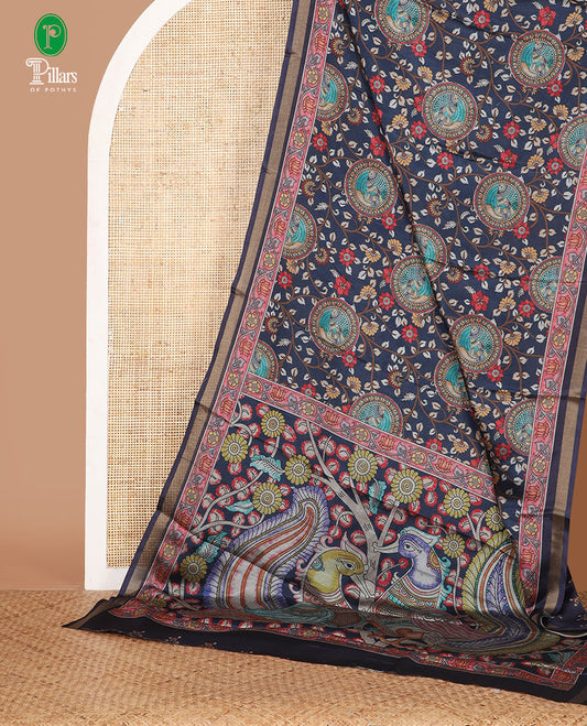 Navy blue kalamkari flora-fauna printed kadhi linen saree,contrast zari piping & floral print border,kalamkari peacock pallu & printed blouse