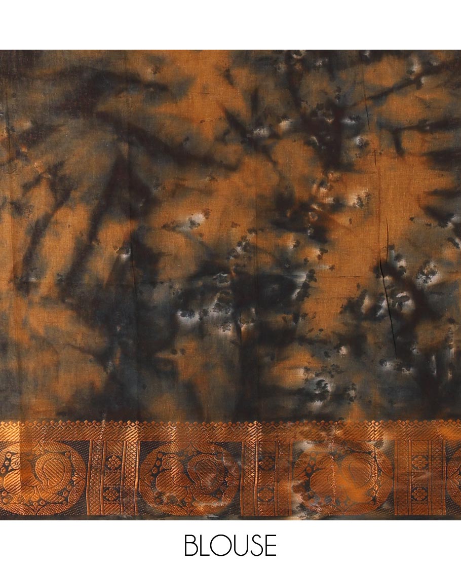 Mehendi shibori printed pure cotton saree, double side batik printed with traditional motifs border, floral printed pallu, and a shibori printed blouse