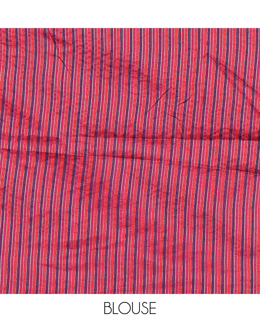 Rani pink thread buttas woven jute cotton saree, multi-color temple border, striped pallu, and a matching striped blouse