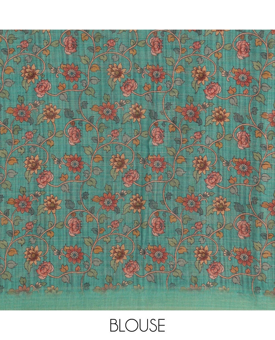 Green rainbow-striped mercerised tissue saree, madhubani-style peacocks print pallu & kalamkari floral vine print pallu