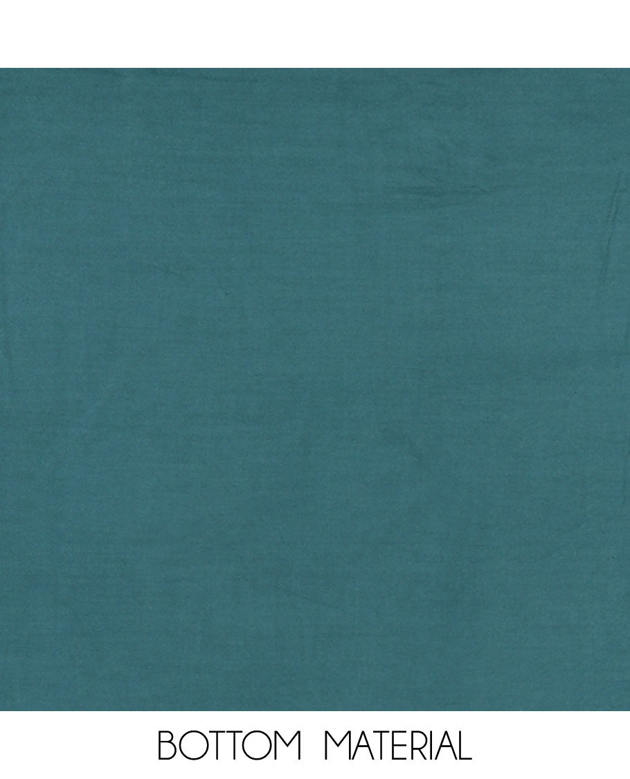 Green pure cotton material chudidar set, floral print with French knot and bead work top, plain cotton bottom, and floral-geometric printed dupatta